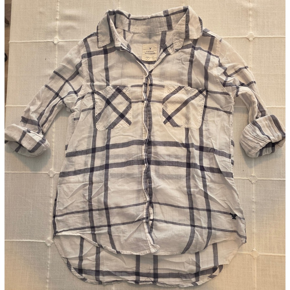 American Eagle Vintage Boyfriend Plaid Button Down Shirt Navy White Small